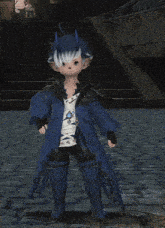 a cartoon character with horns and a blue coat is standing on a cobblestone street with his arms in the air