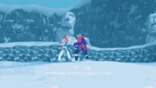 a video game screen shows a man and a woman fighting in the snow