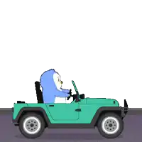 a cartoon penguin is driving a green jeep next to a blue sign that says we mi