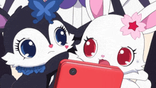 two cartoon characters looking at a cell phone