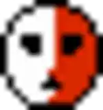 a pixel art drawing of a panda with a red half and a white half .