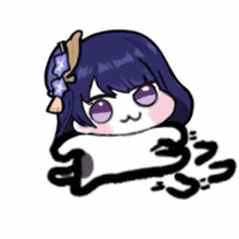 a cartoon drawing of a girl with purple hair and a bow in her hair .