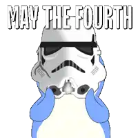 a penguin is hugging a storm trooper with the words may the fourth written above them