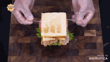 a person is cutting a sandwich on a wooden cutting board and the sandwich is made in animatica
