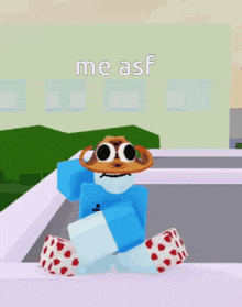 a cartoon character is sitting on a ledge with the words me asf written on the bottom