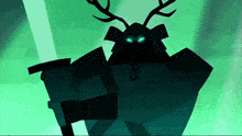 a samurai with antlers and green eyes is holding a sword in a dark room .