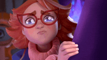 a cartoon girl with glasses and a pink sweater