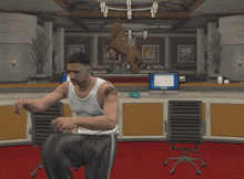a man in a white tank top is standing in front of a computer monitor that says nokia on it