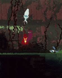 a video game scene with a few bugs and a red light