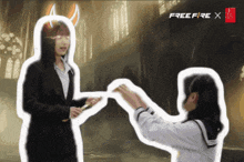 a drawing of a woman with horns and the words free fire x on the bottom