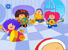 a group of cartoon characters are playing instruments in a room with the letter g in the corner