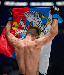 a man holding up a flag with fnf gloves on