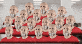 a group of bald men wearing red shirts with the word ond written on their faces