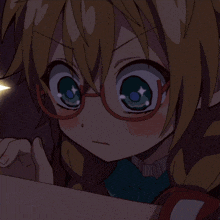 a close up of a girl wearing glasses with big blue eyes