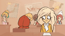 a cartoon drawing of a girl in a classroom