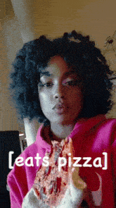 a woman eating a slice of pizza with the words [ eats pizza ] below her