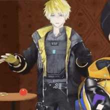a yellow haired anime character is wearing a jacket with the word vsf on it