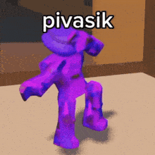 a purple teddy bear is dancing and has the word pivasik on it