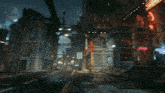 a futuristic vehicle is driving down a street at night with smoke coming out of it