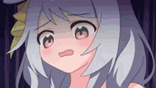 a close up of a girl 's face with a surprised expression