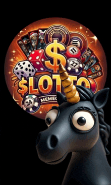 a black unicorn with a gold horn stands in front of a sign that says sloto memec