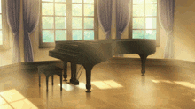 a piano in a room with purple curtains and a stool