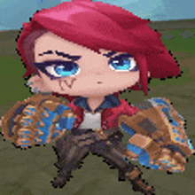 a pixel art of a girl with red hair and blue eyes holding a sword .