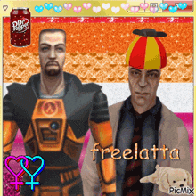 two men are standing next to each other with a can of dr. pepper in the background