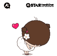 a cartoon girl in a white dress with a flower in her hair stands in front of a sign that says star tamil chat