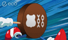 a cartoon character is holding a stick in front of a round object that says eco on the bottom
