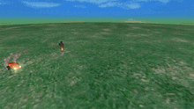 a computer generated image of a red car on fire in a grassy field