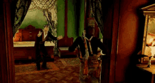 a man is dancing in a room with a woman in a video game .