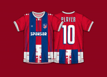 a red and blue striped shirt with sponsor on the front and player 10 on the back
