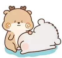 a brown bear is sitting next to a white bear laying on the ground .