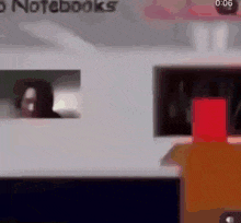 a blurry picture of a person looking out of a window with the word notebooks on the wall .