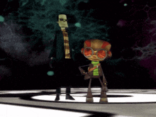 a cartoon character wearing sunglasses and a green scarf stands next to another character