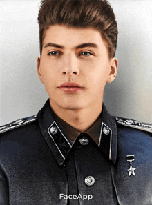 a young man in a military uniform with face app written on the bottom right