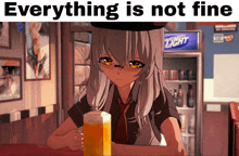 a girl is sitting at a table with a beer in front of a miller light cooler