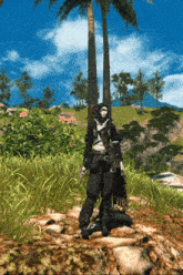 a person in a video game is standing in a field with palm trees in the background