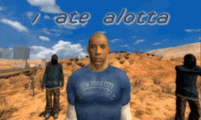 a man wearing a blue new york city shirt stands in the desert