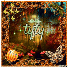 a picture of a forest with butterflies and the word tuty