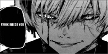 a black and white drawing of a man with blood dripping from his eyes .