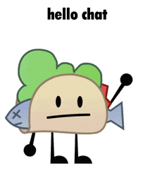 a cartoon taco with a fish in its mouth and the words hello chat above it
