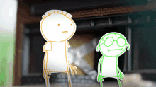two cartoon characters are standing in front of a fireplace and one has glasses