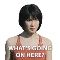 a woman in a red tank top with the words what 's going on here