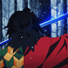a person with a blue sword in their back