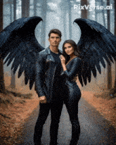 a man and a woman with black wings are standing next to each other on a road