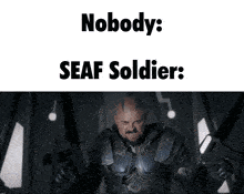 a man with a beard is holding two guns in front of a white background that says nobody seaf soldier