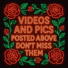 a neon sign that says " videos and pics posted above don t miss them "