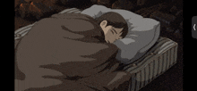 a cartoon of a man sleeping on a bed with a brown blanket